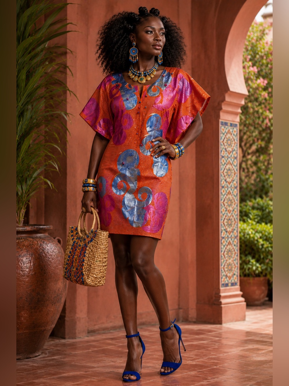 Vintage African Wax Print Shift Dress – Jewel Detail Statement Dress 🌍💙🧡 Size M